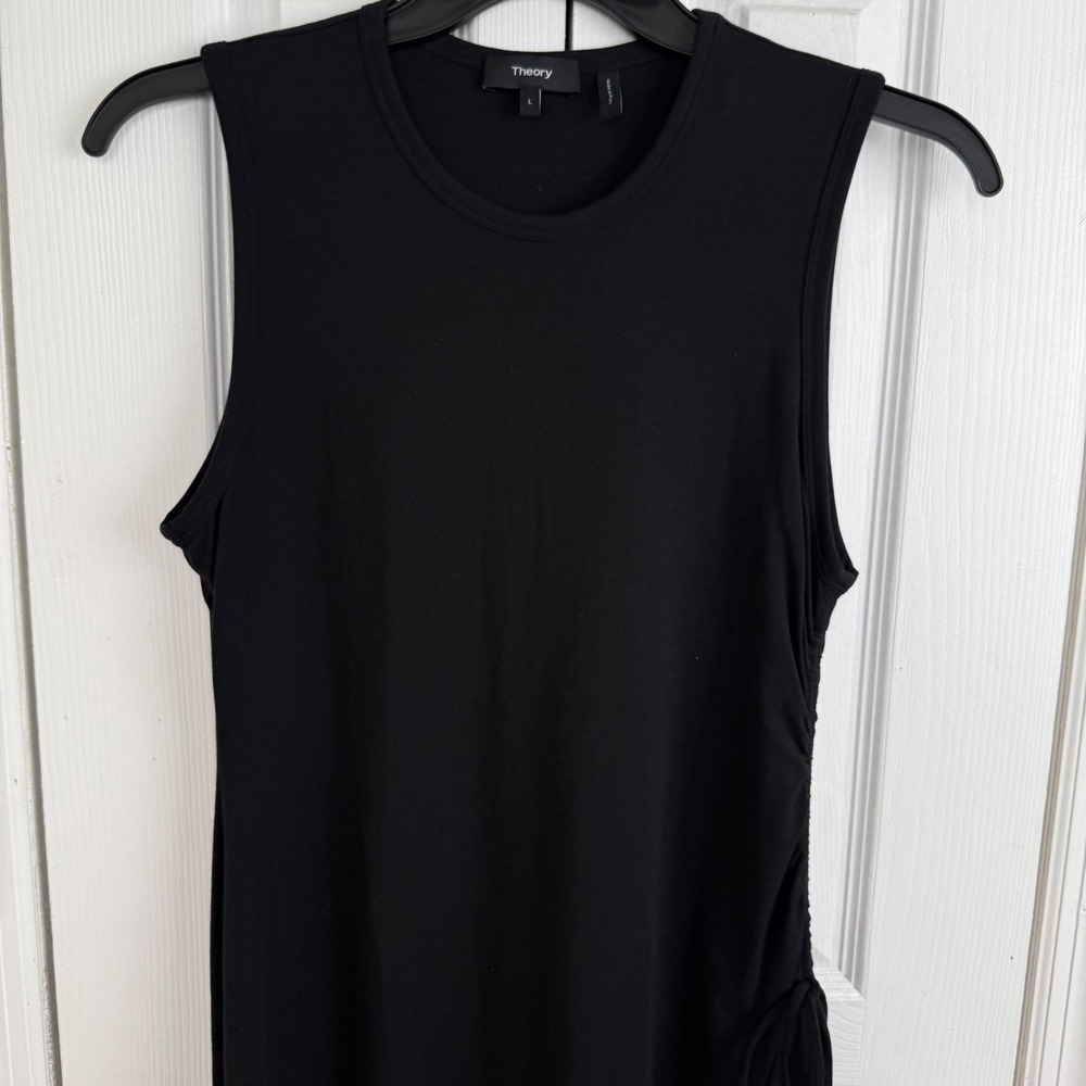 Theory Black Sleeveless Ruched Side Midi Dress L Stretchy Bodycon Classic Chic - Picture 3 of 9